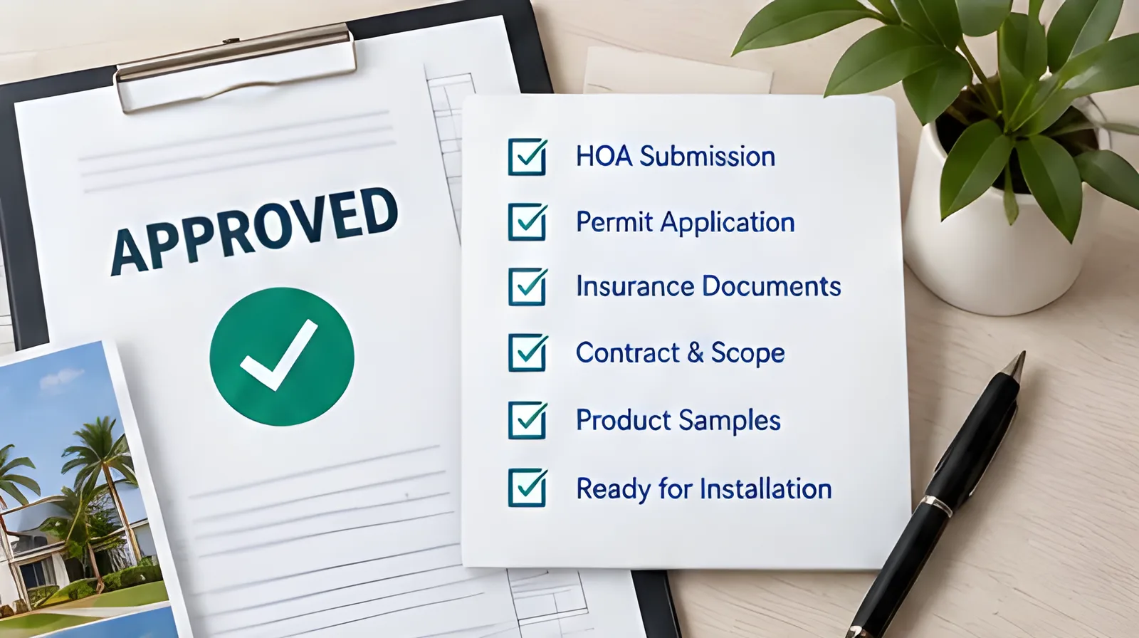 Approved permit on a clipboard next to a checklist: HOA submission, permit application, insurance documents, contract and scope, product samples, ready for installation