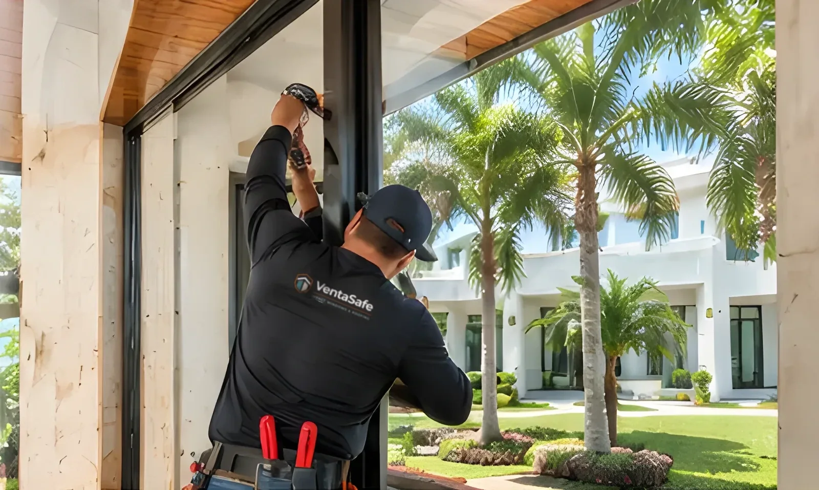 VentaSafe installer fitting a new impact window frame in a South Florida home